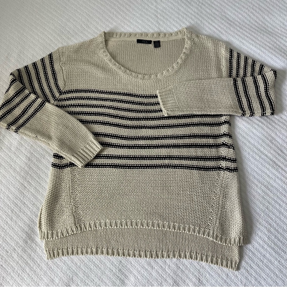 RDI Classic Knit Sweater Tan Black Stripes Scoop Neck L Fisherman Coastal Casual